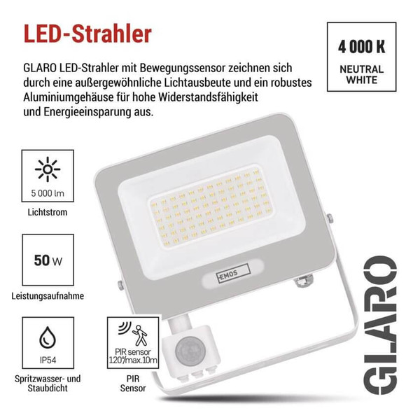 Emos LED Fluter mit Bewegungsmelder Glaro 50W neutralweiss 4000K IP54 Weiß Aluminium 19x20cm ZS2344W
