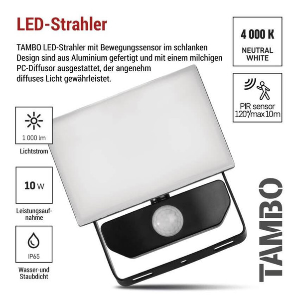 Emos LED Fluter mit Bewegungsmelder Tambo 10W neutralweiss 4000K IP54 Schwarz Aluminium 10,5x14cm ZS2912