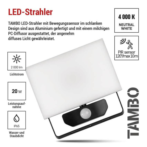 Emos LED Fluter mit Bewegungsmelder Tambo 20W neutralweiss 4000K IP54 Schwarz Aluminium 13,5x16,5cm ZS2922
