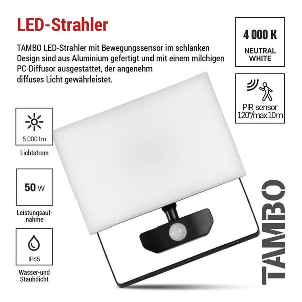 Emos LED Fluter mit Bewegungsmelder Tambo 50W neutralweiss 4000K IP54 Schwarz Aluminium 21x22cm ZS2942