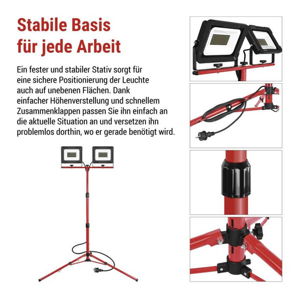 Emos LED Fluter Set mit Stativ Elion 2x 50W neutralweiss 4000K IP65 Rot Schwarz Aluminium 115x107,5cm ZS3343.2
