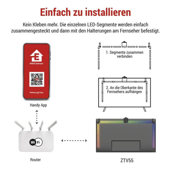 Emos LED TV-Hintergrundbeleuchtung Ambient RGB für 55 Zoll 24W WiFi Schwarz Weiß ZTV55