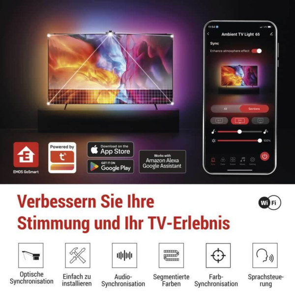 Emos LED TV-Hintergrundbeleuchtung Ambient RGB für 65 Zoll 24W WiFi Schwarz Weiß ZTV65