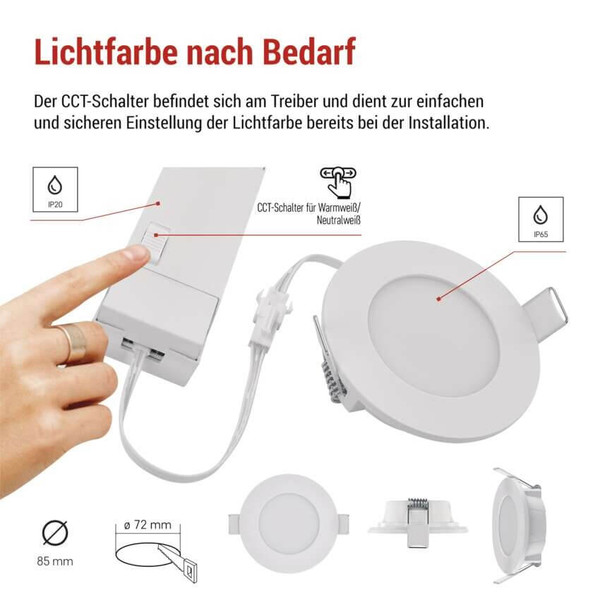 Emos LED Einbaustrahler 4,5W CCT warm-/neutralweiss 2700K/4000K IP65 Weiß Ø8,5cm ZV1163
