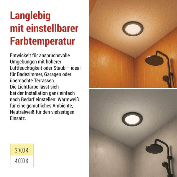 Emos LED Einbaustrahler 4,5W CCT warm-/neutralweiss 2700K/4000K IP65 Schwarz Ø8,5cm ZV1164