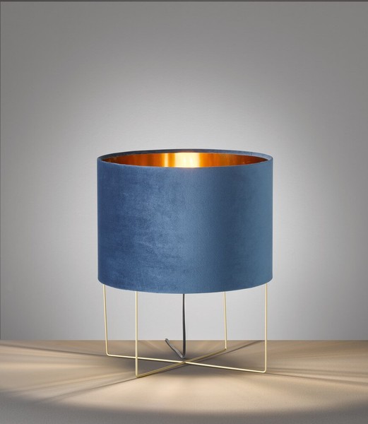 Fischer & Honsel Aura Design-Tischlampe E27 Stoffschirm blau samt gold 50399