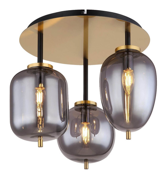 Globo Deckenleuchte Blacky I 3-flammig E14 Messingfarben matt rauchfarben Metall Glas Ø46cm