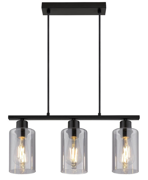 Globo Pendelleuchte Hadera 3-flammig E27 Schwarz matt rauchfarben Metall Glas 140x50cm