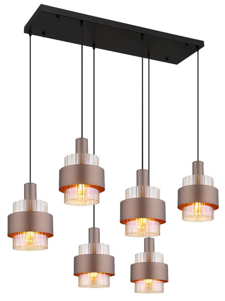 Globo Pendelleuchte Milley 6-flammig E27 Schwarz matt amber Metall Glas 150x96cm