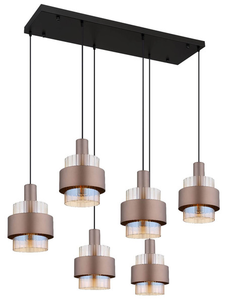 Globo Pendelleuchte Milley 6-flammig E27 Schwarz matt amber Metall Glas 150x96cm