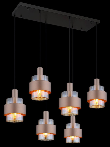 Globo Pendelleuchte Milley 6-flammig E27 Schwarz matt amber Metall Glas 150x96cm