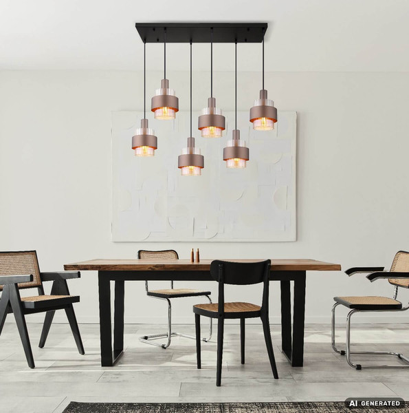 Globo Pendelleuchte Milley 6-flammig E27 Schwarz matt amber Metall Glas 150x96cm