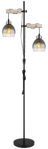 Globo Stehleuchte Ryan 2-flammig E27 Schwarz matt rauchfarben Metall Glas 168cm