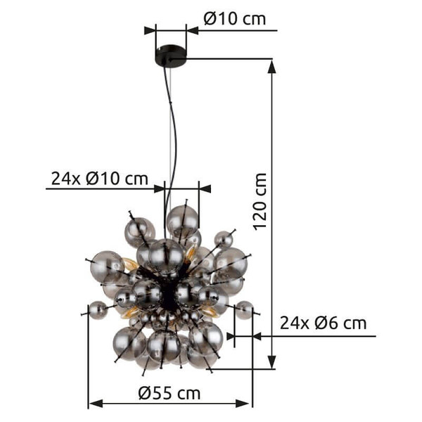 Globo Pendelleuchte Udo 6-flammig E14 Schwarz matt rauchfarben Metall Glaskugeln Ø55cm