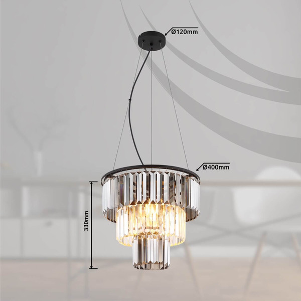 Globo Pendelleuchte Naxis 3-flammig E27 Schwarz matt rauchfarben Metall Glaskristalle Ø40cm