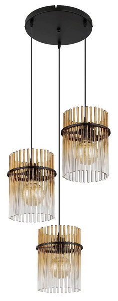 Globo Pendelleuchte Gorley 3-flammig E27 Schwarz matt amber Metall Glasstäbe Ø47cm