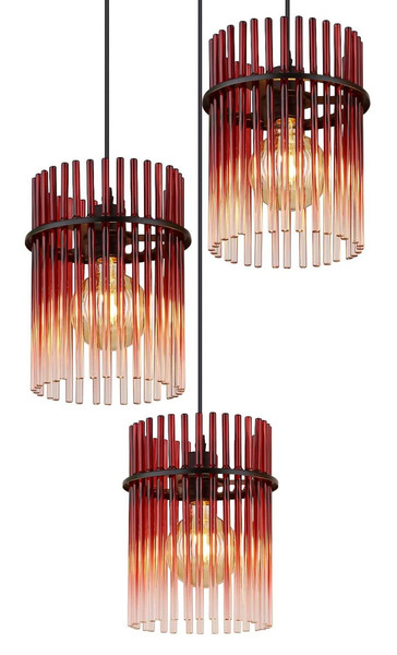 Globo Pendelleuchte Gorley 3-flammig E27 Schwarz matt brombeerfarben Metall Glasstäbe Ø47cm