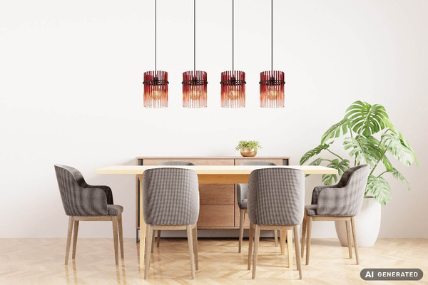 Globo Pendelleuchte Gorley 4-flammig E27 Schwarz matt brombeerfarben Metall Glasstäbe 140x110cm
