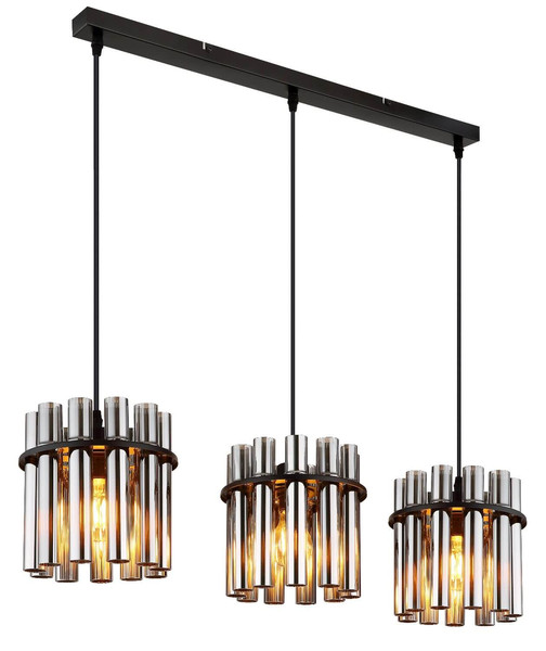Globo Pendelleuchte Gorley II 3-flammig E27 Schwarz matt rauchfarben Metall Glasstäbe 120x80cm