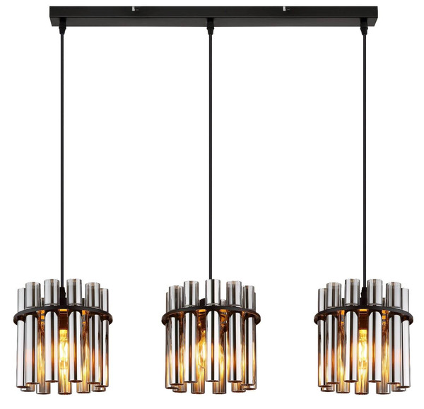 Globo Pendelleuchte Gorley II 3-flammig E27 Schwarz matt rauchfarben Metall Glasstäbe 120x80cm