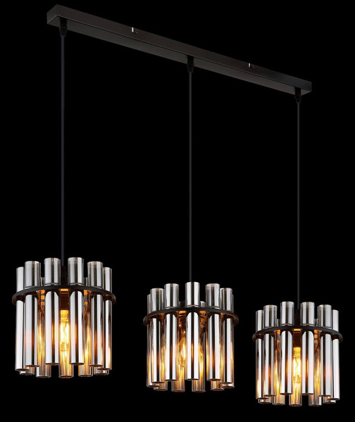 Globo Pendelleuchte Gorley II 3-flammig E27 Schwarz matt rauchfarben Metall Glasstäbe 120x80cm