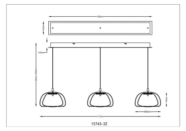 Globo LED Pendelleuchte Avila 35W dimmbar Fernbedienung CCT warm-/tageslichtweiss Schwarz-chrom rauchfarben Metall Glas 150x117cm