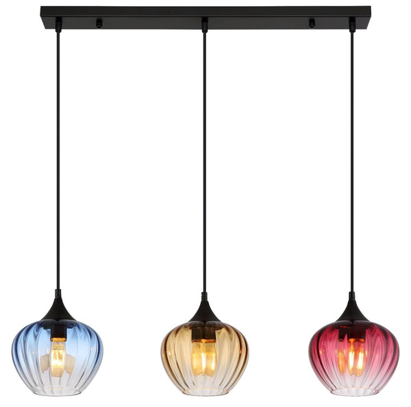 Globo Pendelleuchte Sander 3-flammig E27 Schwarz matt blau verlaufend Metall Glas 150x80cm