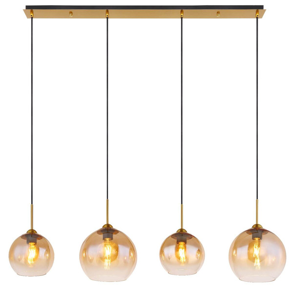 Globo Pendelleuchte Jamessa 4-flammig E27 Messingfarben matt amber Metall Glas 120x120cm