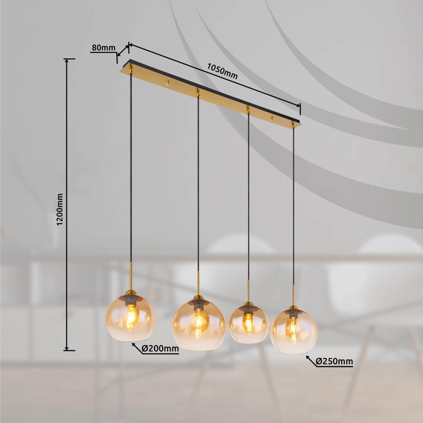 Globo Pendelleuchte Jamessa 4-flammig E27 Messingfarben matt amber Metall Glas 120x120cm