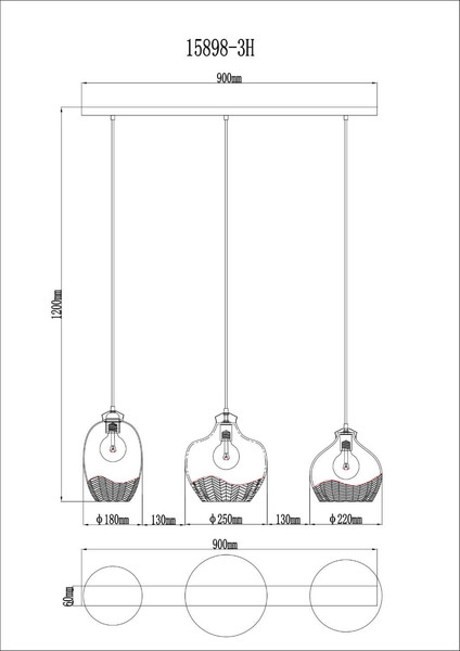 Globo Pendelleuchte Jessica 3-flammig E27 Goldfarben matt Metall Glas 120x90cm