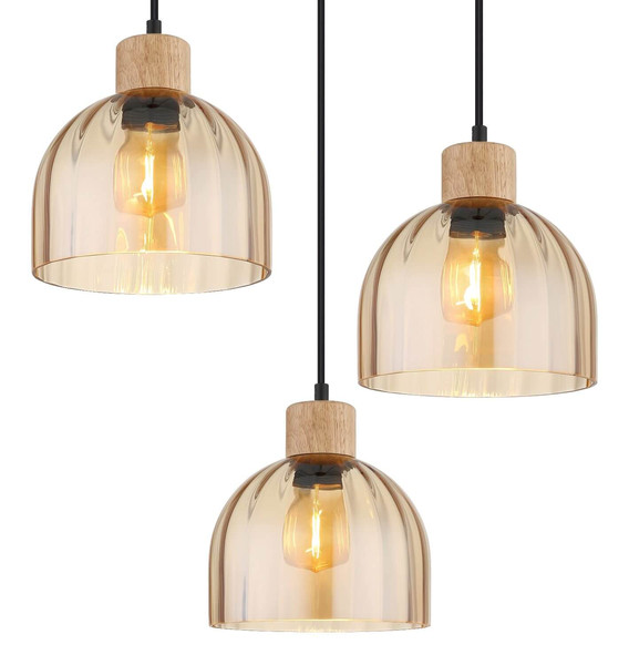 Globo Pendelleuchte Swanson 3-flammig E27 Schwarz matt amber Metall Glas Ø40cm