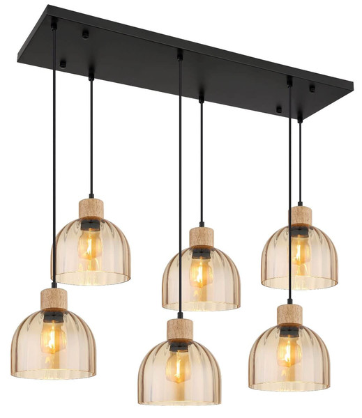 Globo Pendelleuchte Swanson 6-flammig E27 Schwarz matt amber Metall Glas 130x105cm