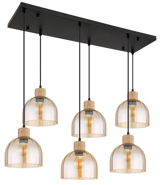 Globo Pendelleuchte Swanson 6-flammig E27 Schwarz matt amber Metall Glas 130x105cm