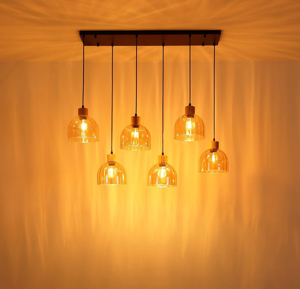 Globo Pendelleuchte Swanson 6-flammig E27 Schwarz matt amber Metall Glas 130x105cm