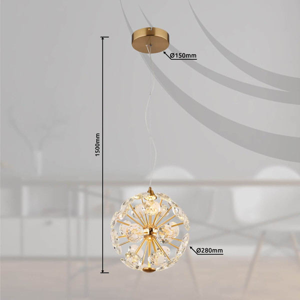 Globo LED Pendelleuchte Virina 12W warmweiss Goldfarben klar Metall K9 Kristalle Ø28cm