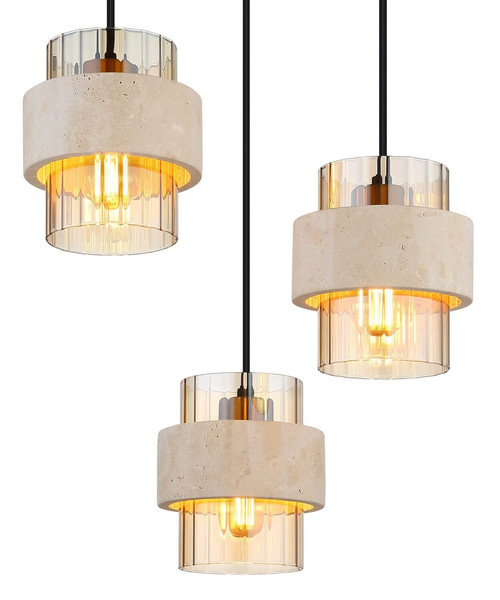 Globo Pendelleuchte Daren 3-flammig E27 Schwarz matt amber Metall Glas Ø37,5cm