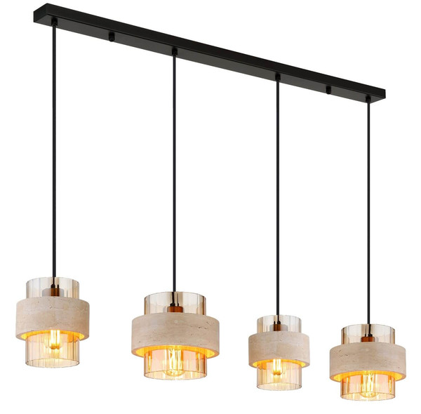 Globo Pendelleuchte Daren 4-flammig E27 Schwarz matt amber Metall Glas 120x109cm