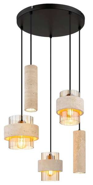 Globo Pendelleuchte Daren 3-flammig E27 + 2-flammig GU10 Schwarz matt amber Metall Glas Ø47cm