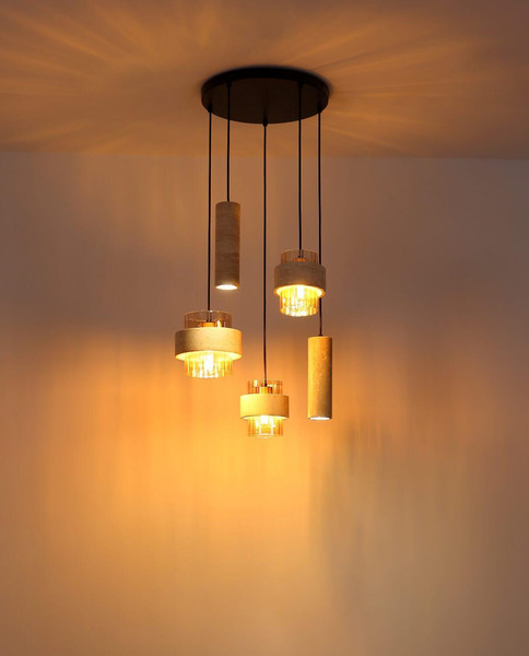 Globo Pendelleuchte Daren 3-flammig E27 + 2-flammig GU10 Schwarz matt amber Metall Glas Ø47cm