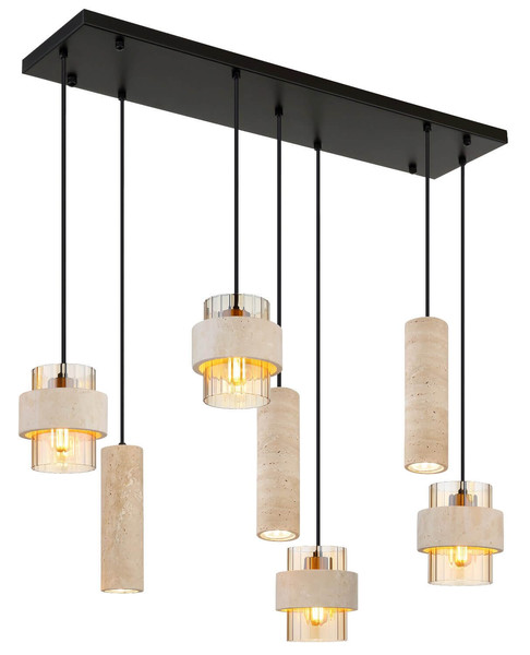 Globo Pendelleuchte Daren 4-flammig E27 + 3-flammig GU10 Schwarz matt amber Metall Glas 130x94,5cm