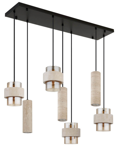 Globo Pendelleuchte Daren 4-flammig E27 + 3-flammig GU10 Schwarz matt amber Metall Glas 130x94,5cm