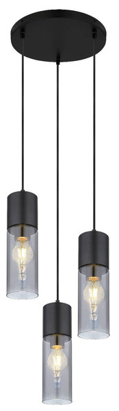 Globo Pendelleuchte Annika 3-flammig E27 Schwarz matt rauchfarben Metall Glas Ø30cm