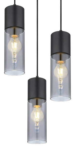 Globo Pendelleuchte Annika 3-flammig E27 Schwarz matt rauchfarben Metall Glas Ø30cm