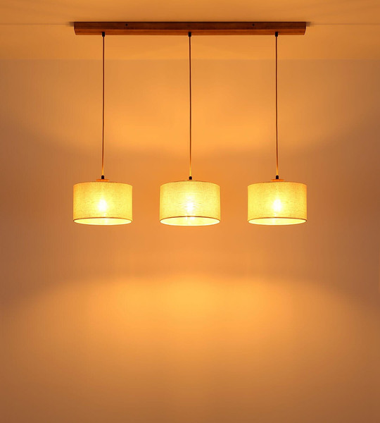 Globo Pendelleuchte Jule 3-flammig E27 Braun beige Holz Leinen 120x100cm