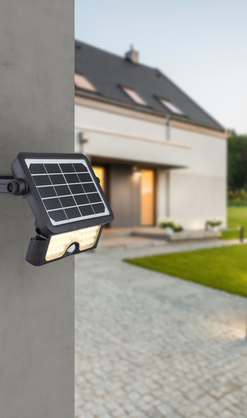 Globo Solarleuchte Kunststoff Schwarz, 1Xled LED Solarleuchte 5W Warmweiß IP65 Schwarz Bewegungssensor 3,4cm 36483