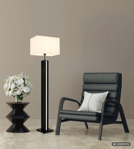 Globo Stehleuchte Forest E27 + LED 17W dimmbar warmweiss Holzoptik dunkel weiß MDF Textil 150cm