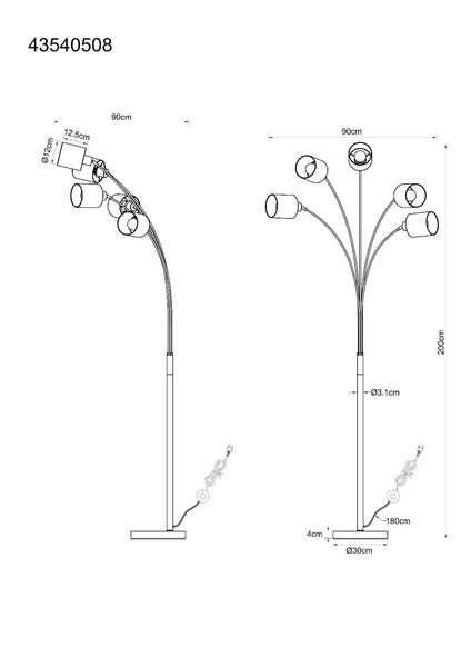 Globo Stehleuchte Thea 5-flammig E27 Schwarz-chrom matt cremefarben Metall Leinen 200cm
