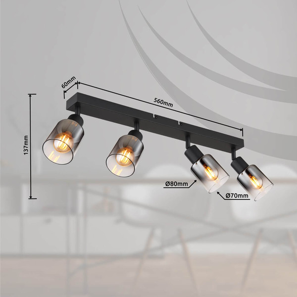 Globo Strahler Hubertus 4-flammig E14 Schwarz matt rauchfarben Metall Glas 56x14cm
