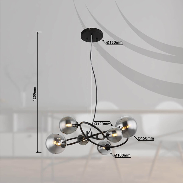 Globo LED Pendelleuchte Riha 6-flammig G9 LED 6x 3,5W warmweiss Schwarz matt rauchfarben Metall Glas 120x62cm