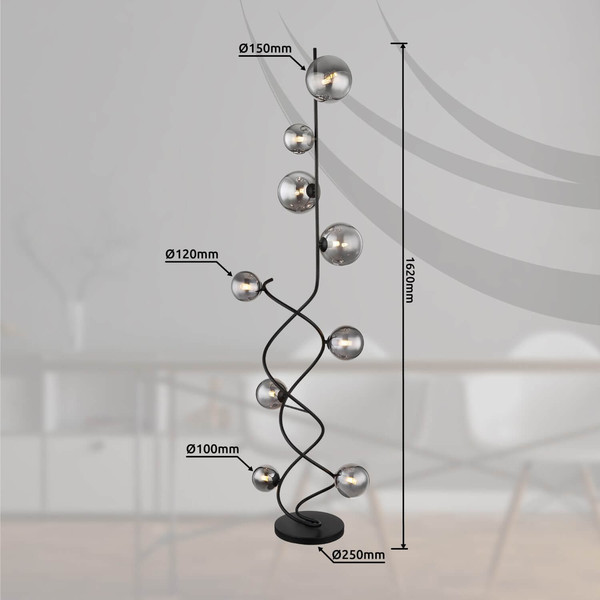 Globo LED Stehleuchte Riha 9-flammig G9 LED 9x 3,5W warmweiss Schwarz matt rauchfarben Metall Glas 162cm